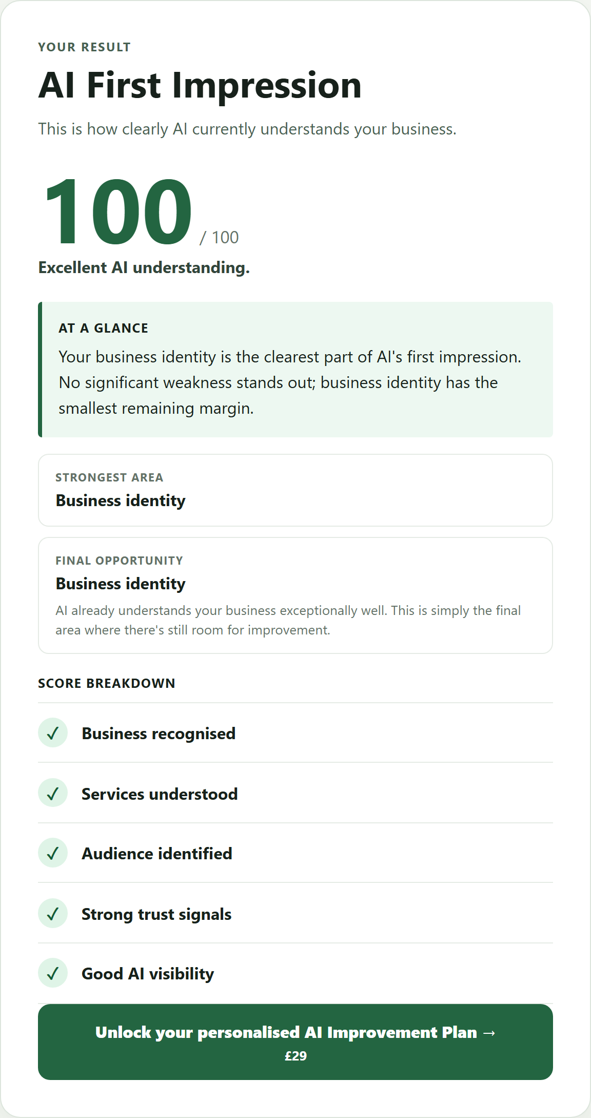 Wayli free AI Readiness result from 29 July 2026, showing a score of 100 out of 100.