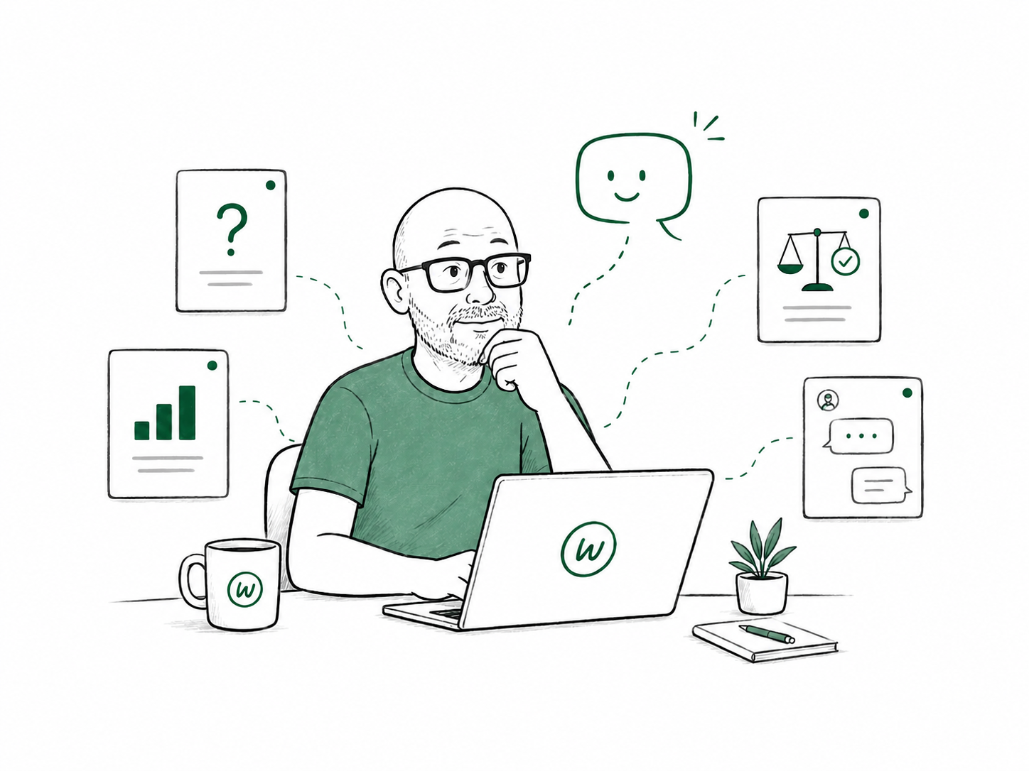 A hand-drawn founder and friendly AI exploring connected questions, facts and choices